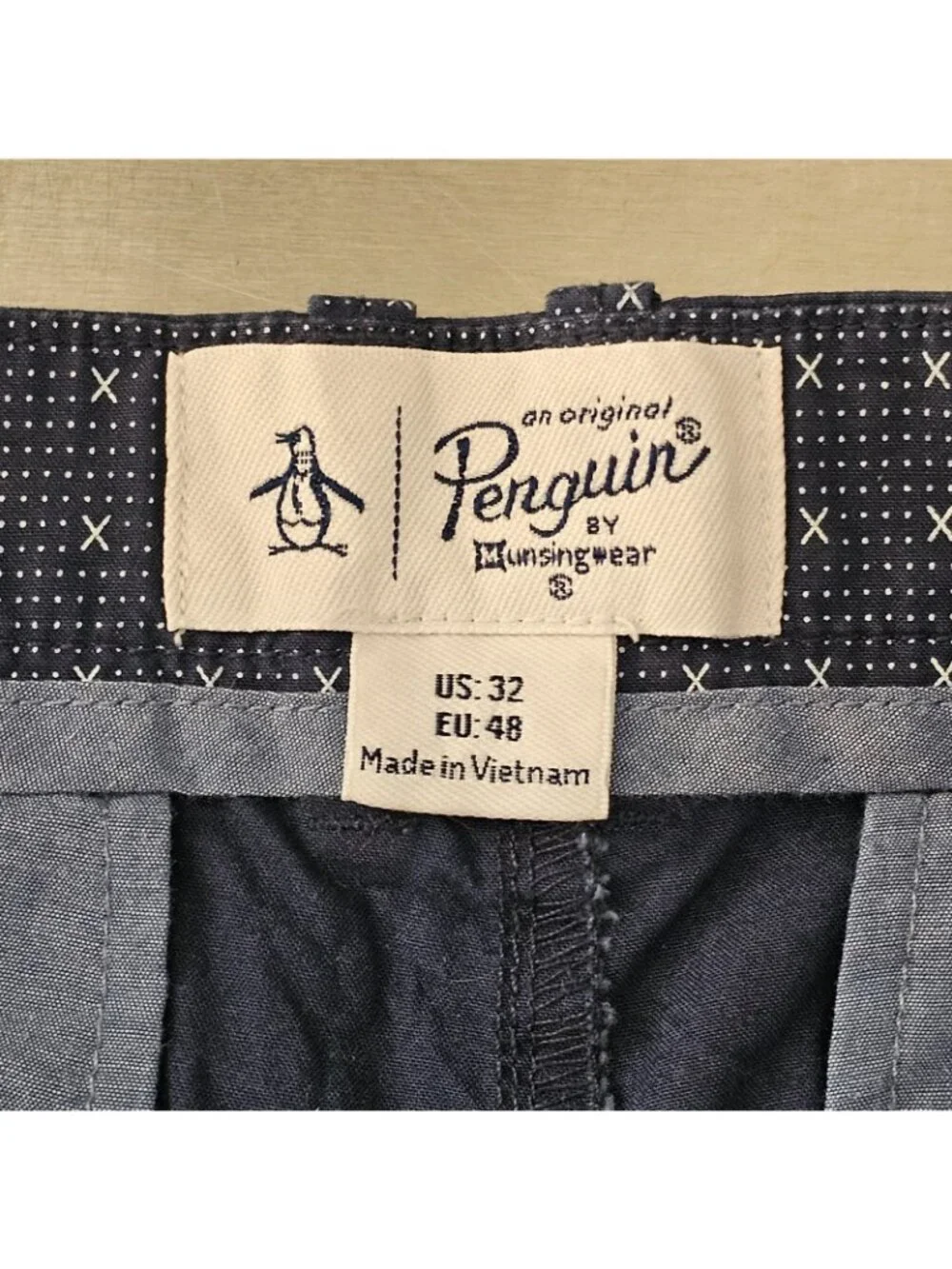 Penguin Chino Shorts Mens 32 Blue Geometric Micro Print Flat Front Casual Golf